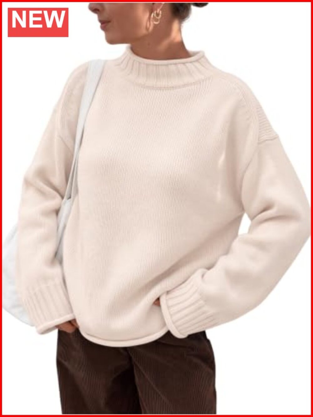 Oversized Mock Neck Knit Pullover Sweater Cotton Blend Rolled Edge